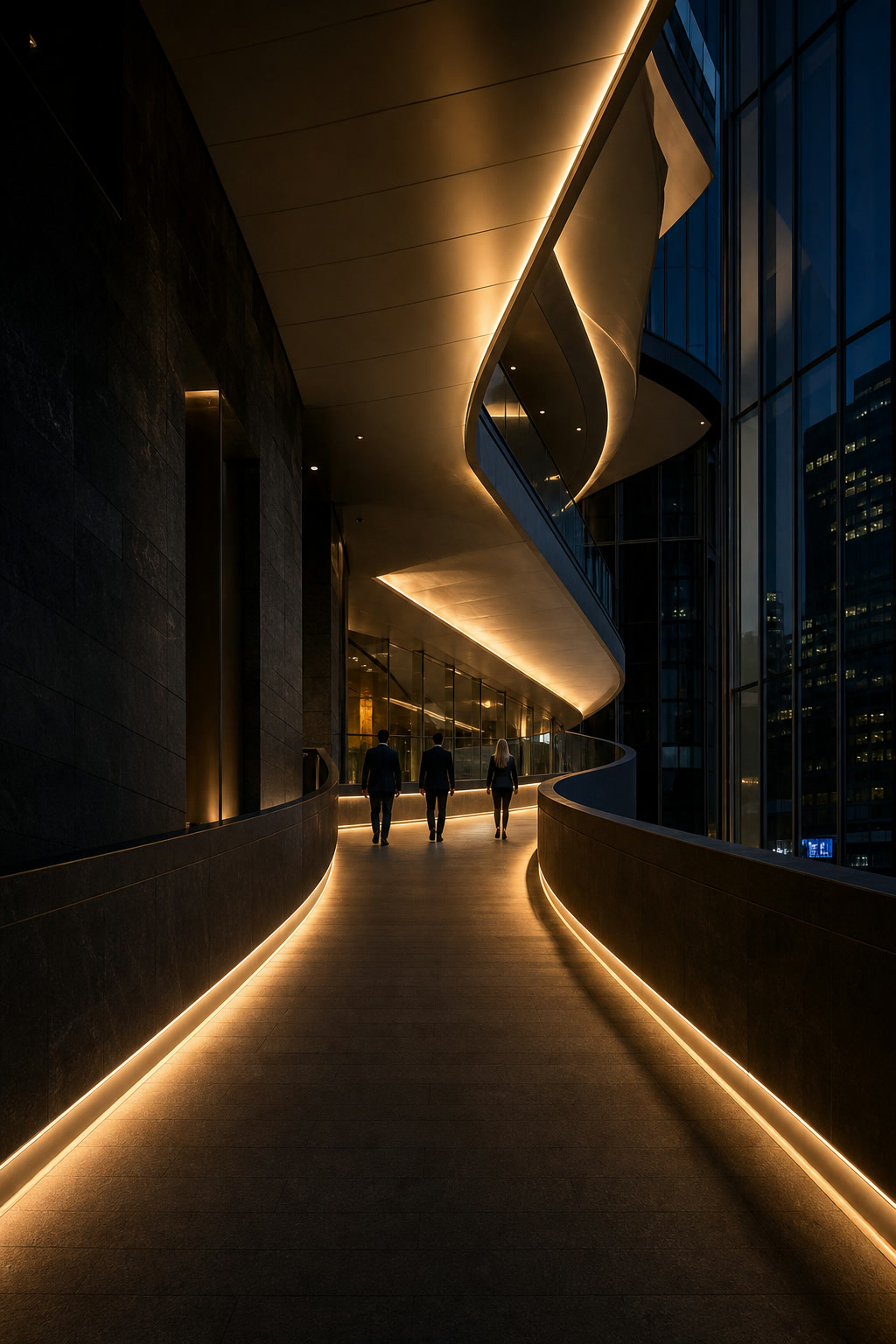 Business leaders moving forward through a warmly illuminated contemporary architectural passage